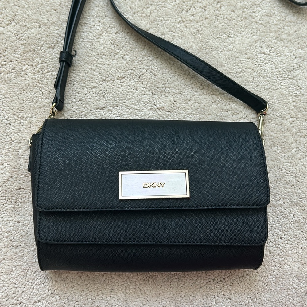 DKNY | Leather Double Flap Crossbody Bag | Black - Picture 2 of 16
